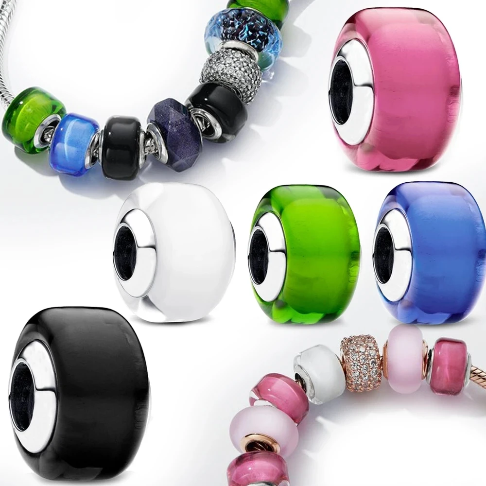 Murano Glass Charm Matte Green Purple Pink Blue Charms for Original 925 Charms Bracelet Silver Charm Bead for Women Jewelry