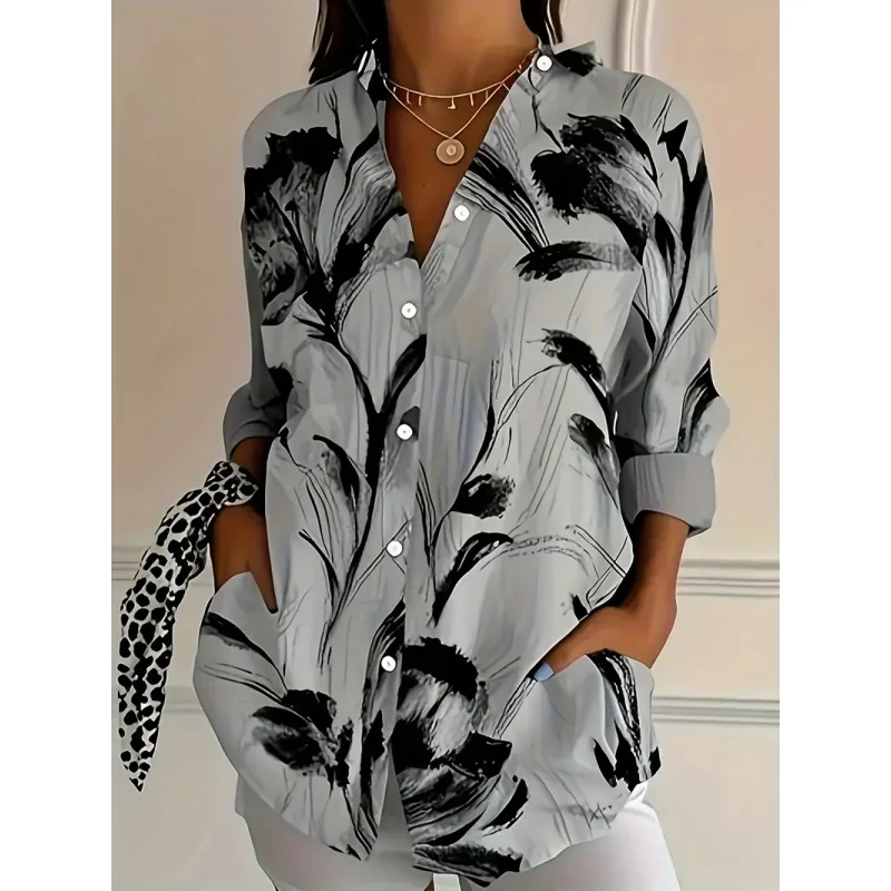 

New casual spring/summer women's clothing daily casual long sleeve shirt urban street fashion V-neck button shirt
