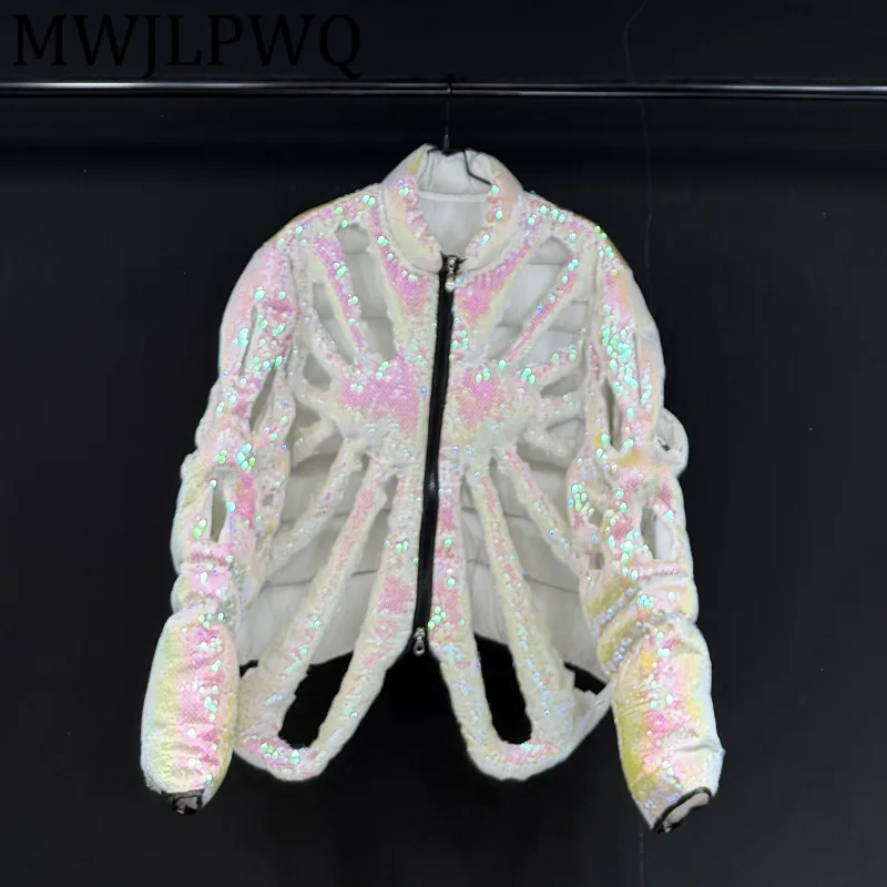 

MWJLPWQ Trendy Heavy Craft Colorful Sequin Hollow Coat Cotton For Men Winter Loose Stand Collar Street Padded Tops Tide 12869