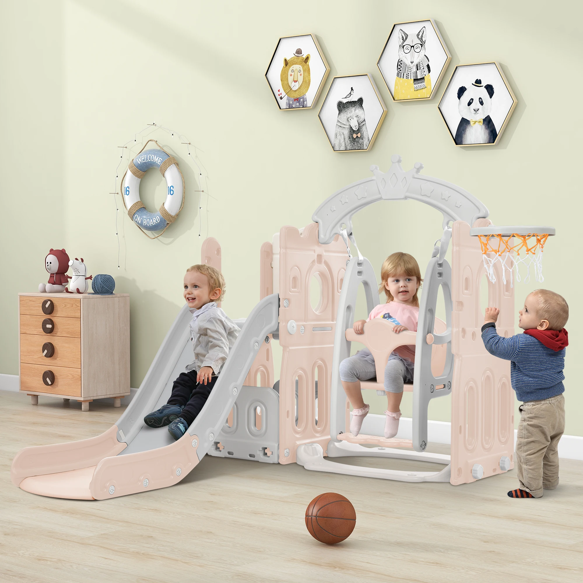 Ensemble toboggan et balançoire pour tout-petits, 5 en 1, aire de jeux pour enfants, ensemble de jeu toboggan avec panier de basket, bloc autoportant pour bébés