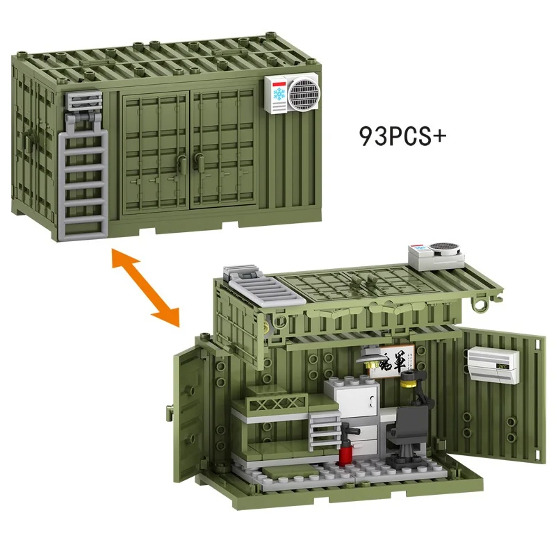 Contenedor militar del ejército MOC, armas y equipos de campamento, almacén militar, dormitorio, bomba de fuego, habitación, juguetes de bloques de construcción