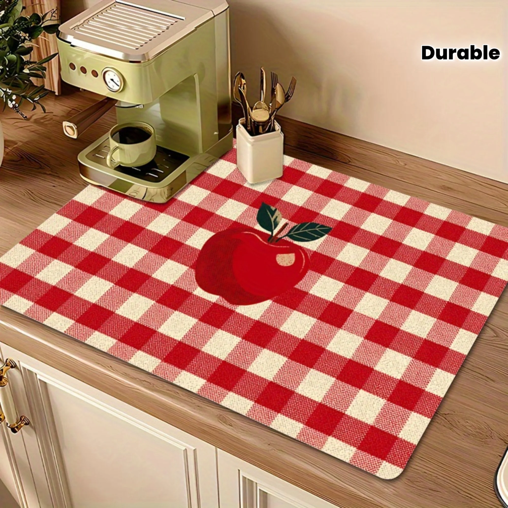 Dish Drying Mat Durable Red Plaid Checkerboard Cushion Super Absorbent Apple Fruit Pattern Kitchen Placement Table Rug
