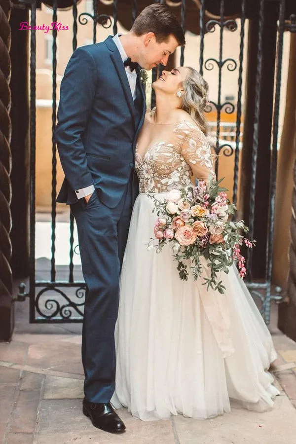 Encantador más nuevo vestido De Novia precioso con cuentas, Vestidos De Novia De tul únicos De manga larga, corte en A, cuello en V, tren De barrido, Vestidos De Novia