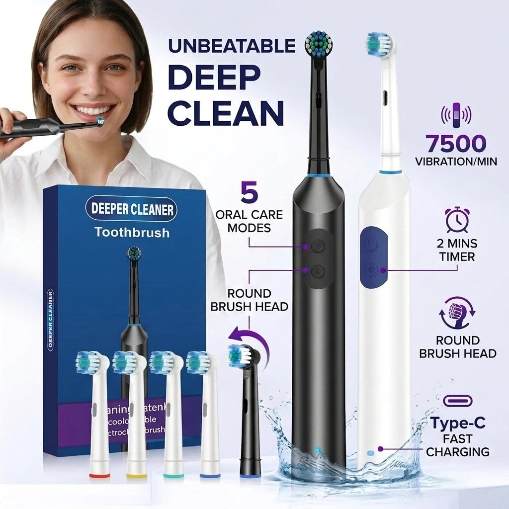 Electric Toothbrush for Adults with 5 Modes, Rotating Rechargeable Power Toothbrush IPX7 Waterproof, USB Heads for Home Travel