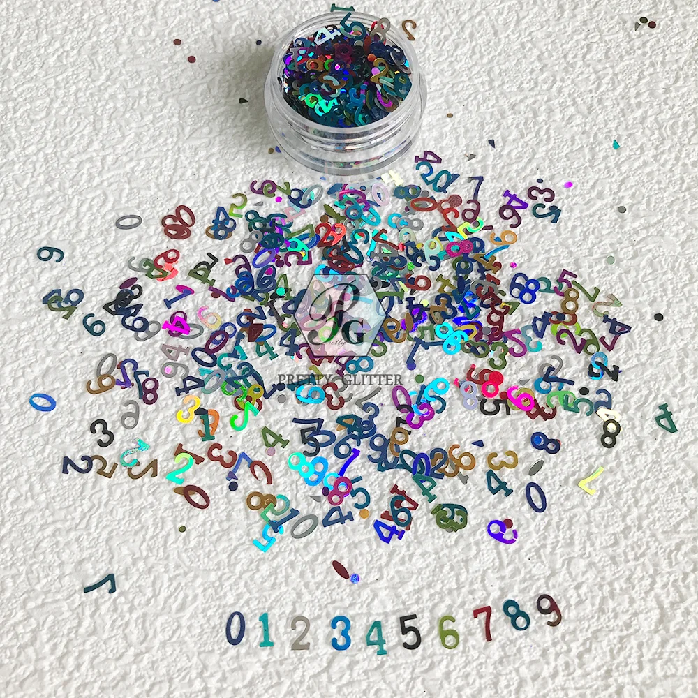 PrettyG Wholesale 5mm Colorful Number Shape Arabic Numeral Glitter Sequin Holographic Glitter Flakes For Nail Art DIY Decoration