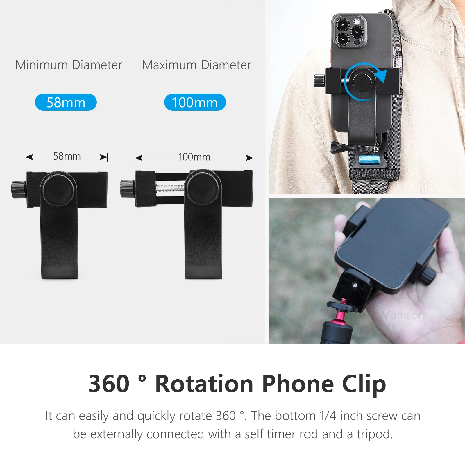 Vamson 360°Adjustable Phone Backpack Clip CellPhone Holder for iPhone Mount Hiking Outdoor Live Broadcast Smartphone Bracket