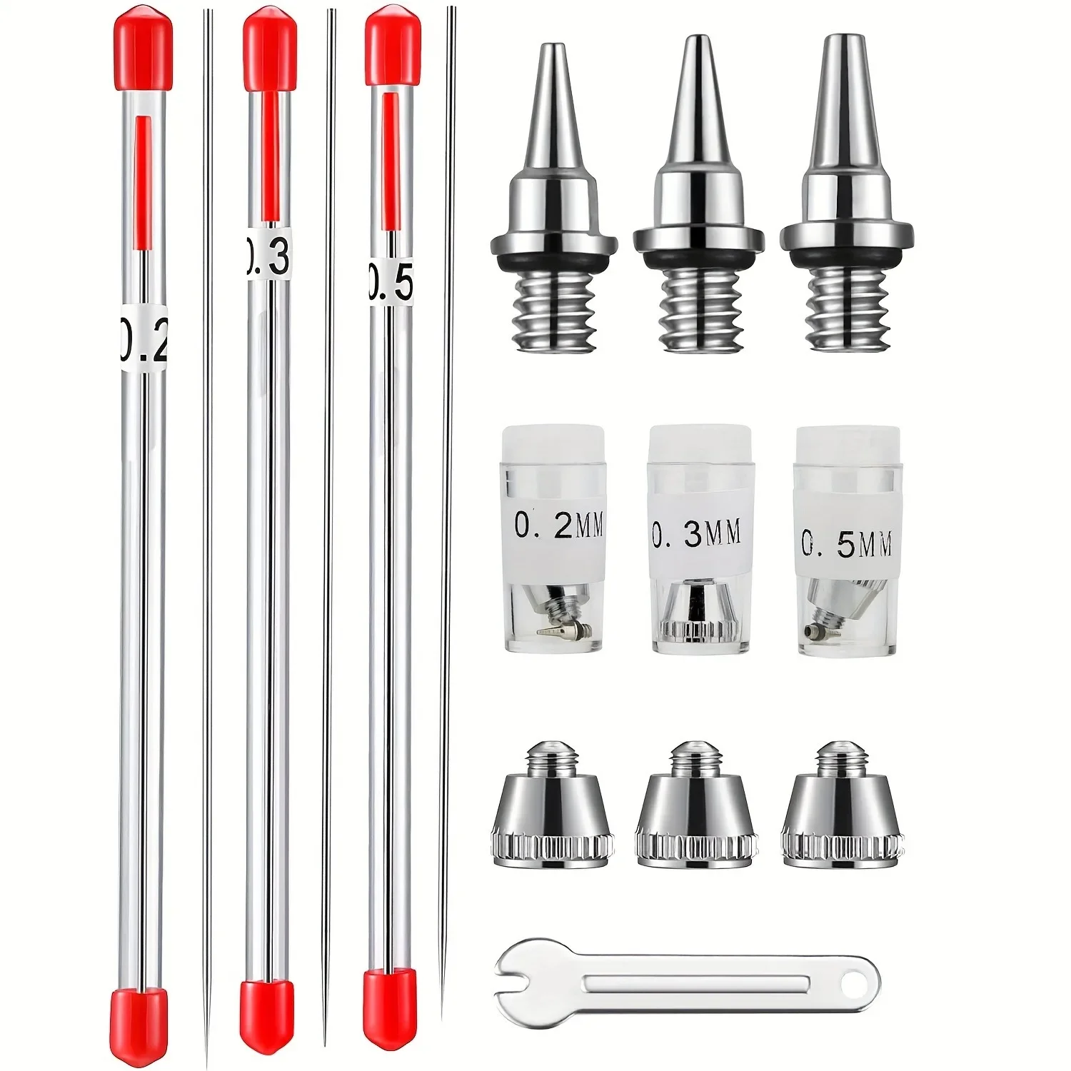 10-teiliges Airbrush-Düsen- und Nadelkappen-Set mit Schraubenschlüssel, Ersatzteile für Spritzpistolen, 0,2 mm, 0,3 mm, 0,5 mm – Detail 1
