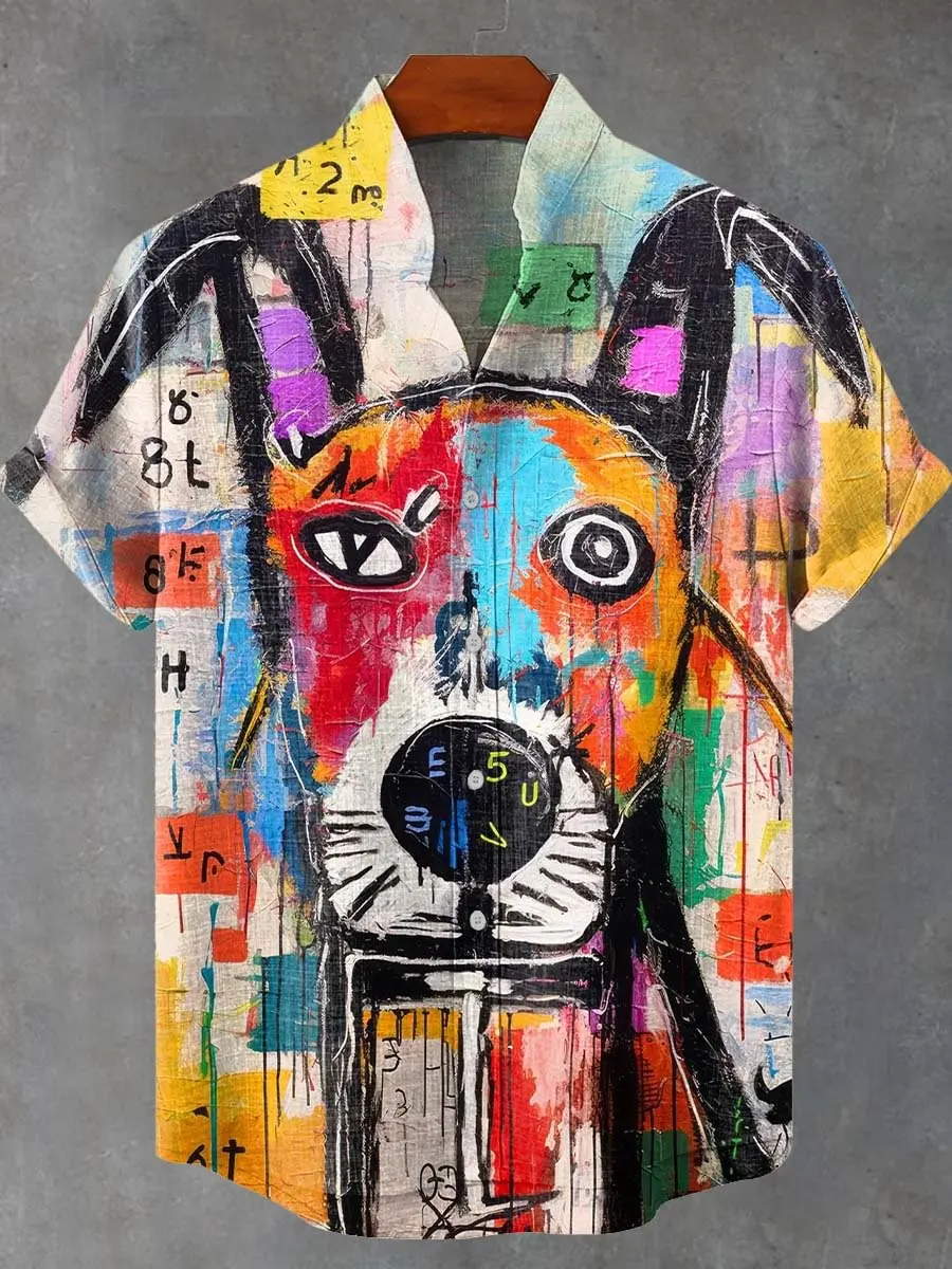 

2025 Men's Beautiful Dog Beautiful Printed High Quality Button Top Fashionable Summer casual linen short sleeved shirt