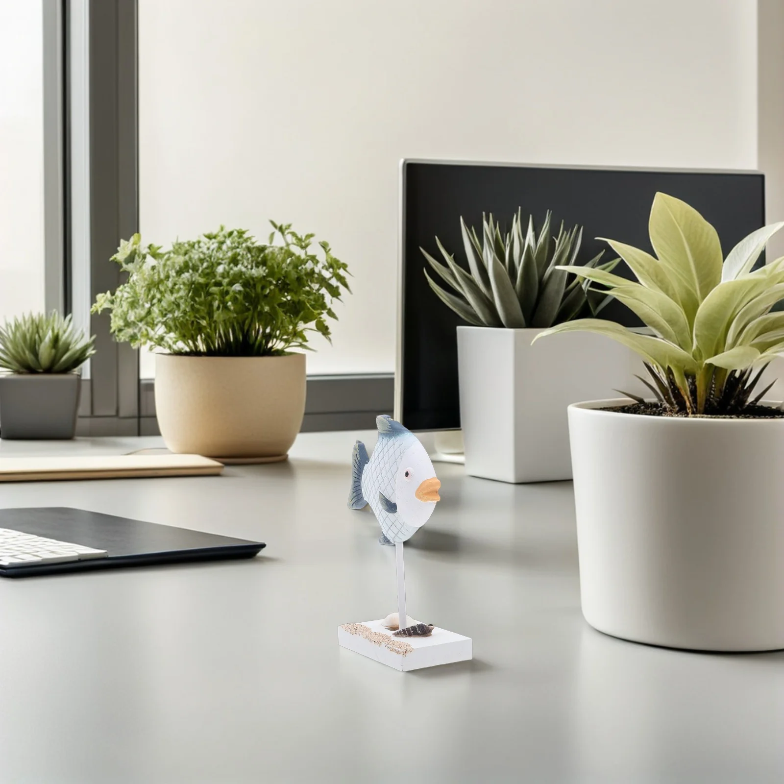 

2pcs Sea Fish Figurines 5.7" Tall Mediterranean Style Wooden Fish Sculpture Decor Desktop Coastal Ornament Rustic Animal Statue