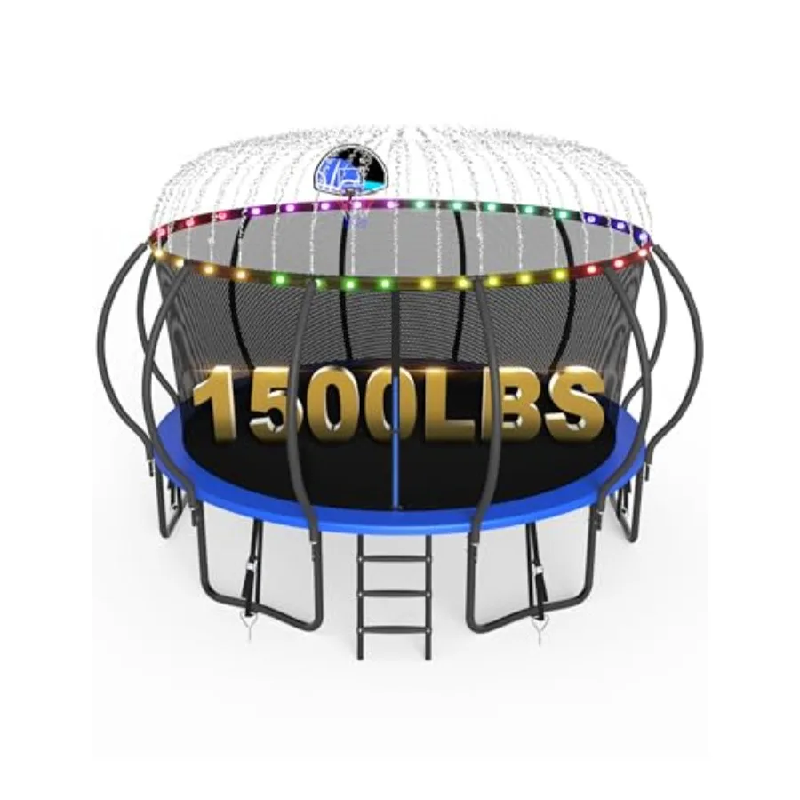 Recreational trampoline for kids and adults steel frame black and red 1500lbs capacity ASTM approved includes lights sprinkler