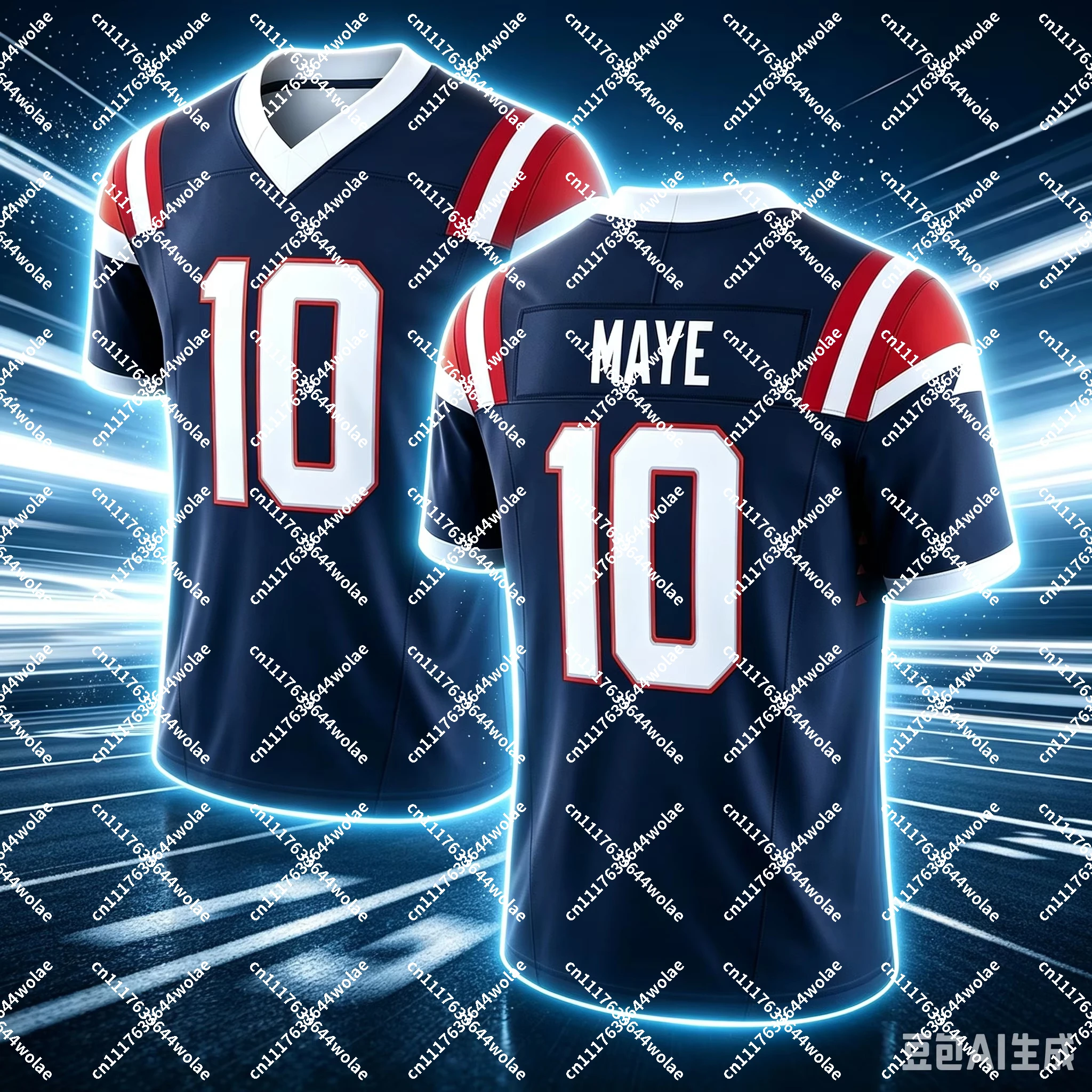 Men #10 Maye Navy Home Football Jersey Red White Striped Shoulder V Neck Short Sleeve Fan Game UniformFamily Matching Colthing