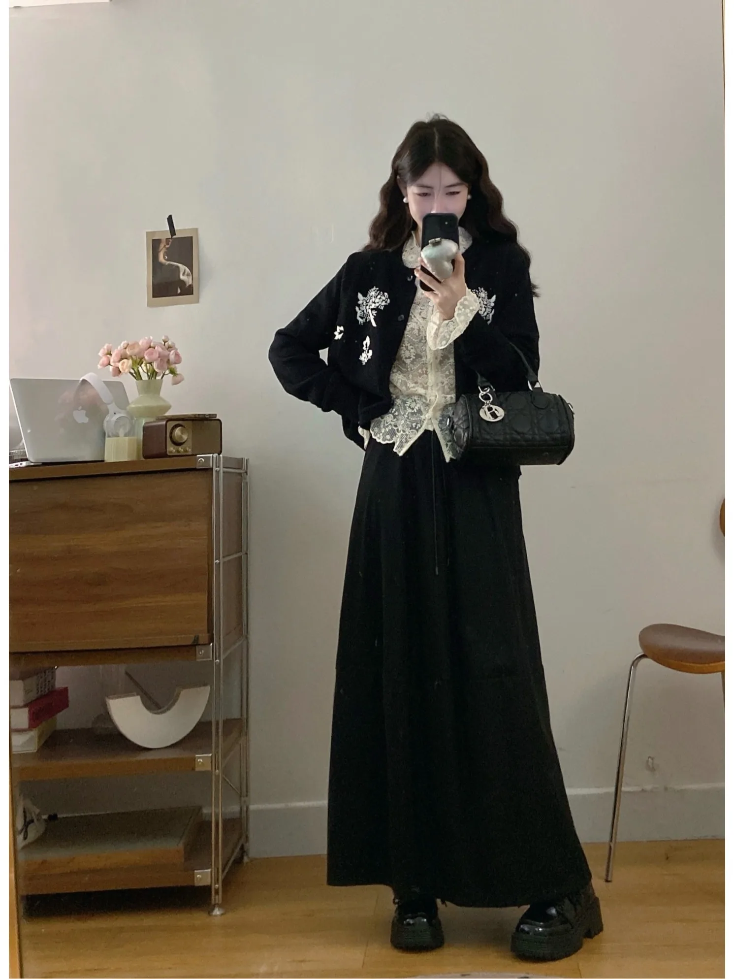 

plus Size Lace Base Shirt Cardigan Top Mid-Length Skirt Set Design Sense Autumn New Style Fashion plus Size Women's Outfit