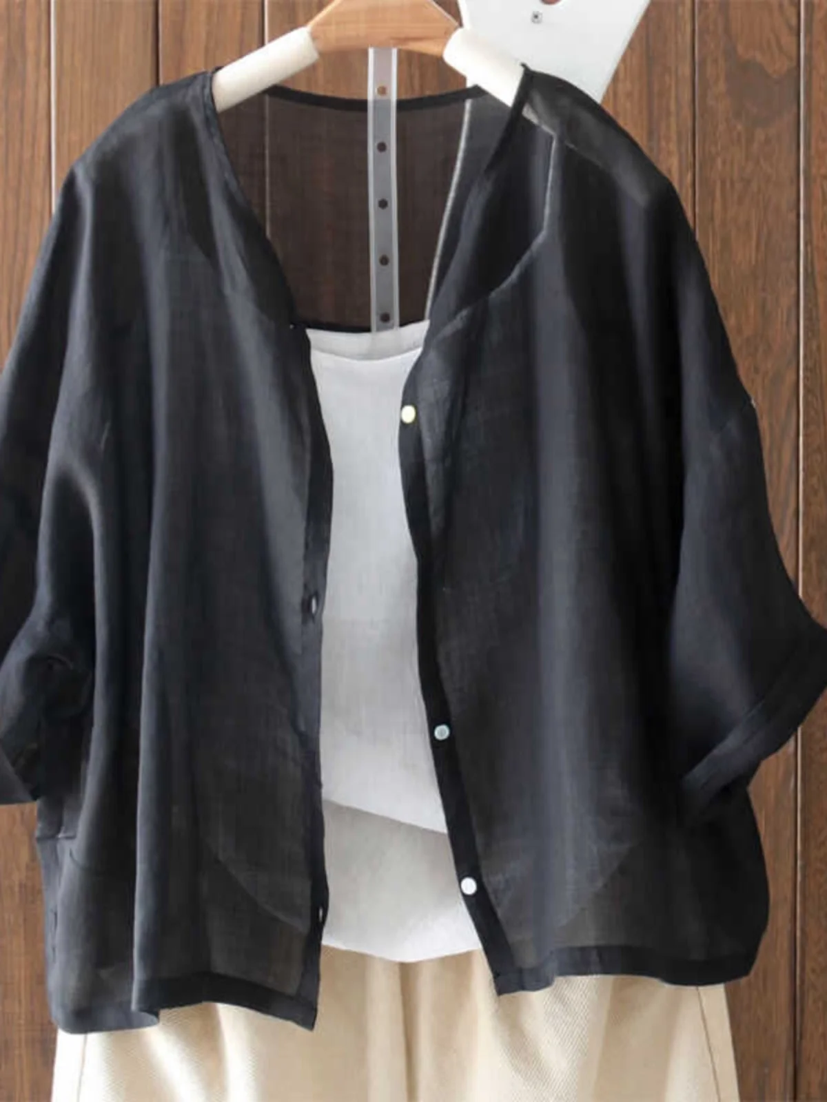 

Lightweight Cotton Linen irt Women's Zen Tea Service Outerwear ort Sun Protection Bla Jaet Artistic Loose Fit Button up