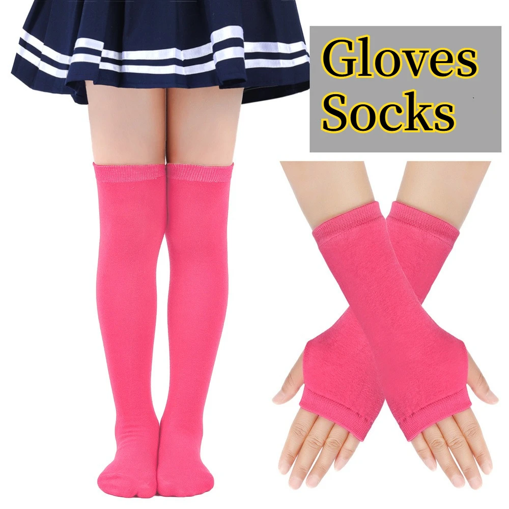 Calcetines de estilo arcoíris de dibujos animados para fiestas infantiles, conjunto de guantes y mangas para brazos, calcetines largos hasta la rodilla de punto a rayas en varios colores