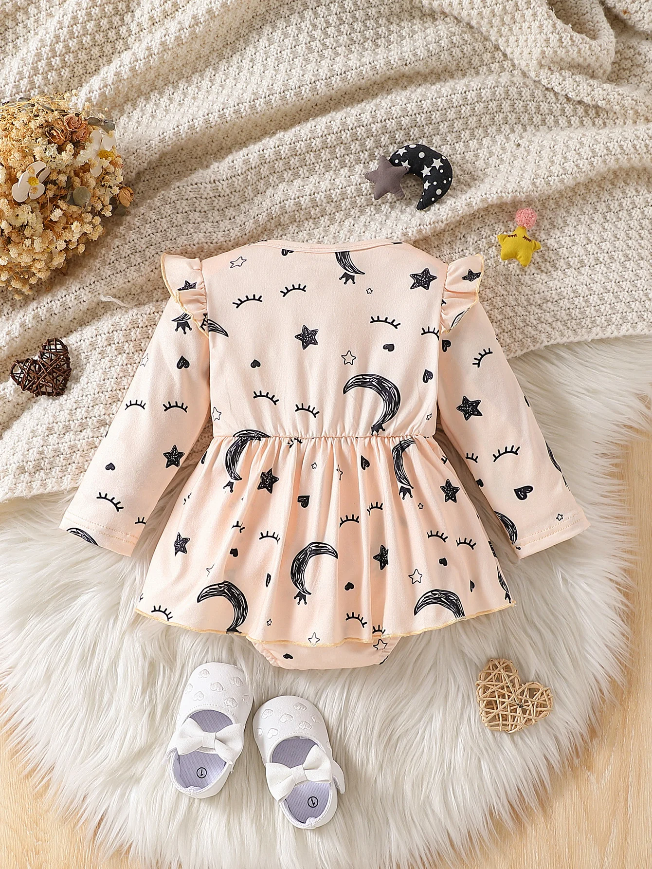 Baby Girl Casual Long Sleeve Romper with Headband Moon And Stars Full Print Round Neck Single Piece Autumn Outfit