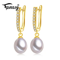 FENASY Natural Freshwater Pearl Geometric Silver Gold Color Drop Earrings Wedding Engagement Jewelry