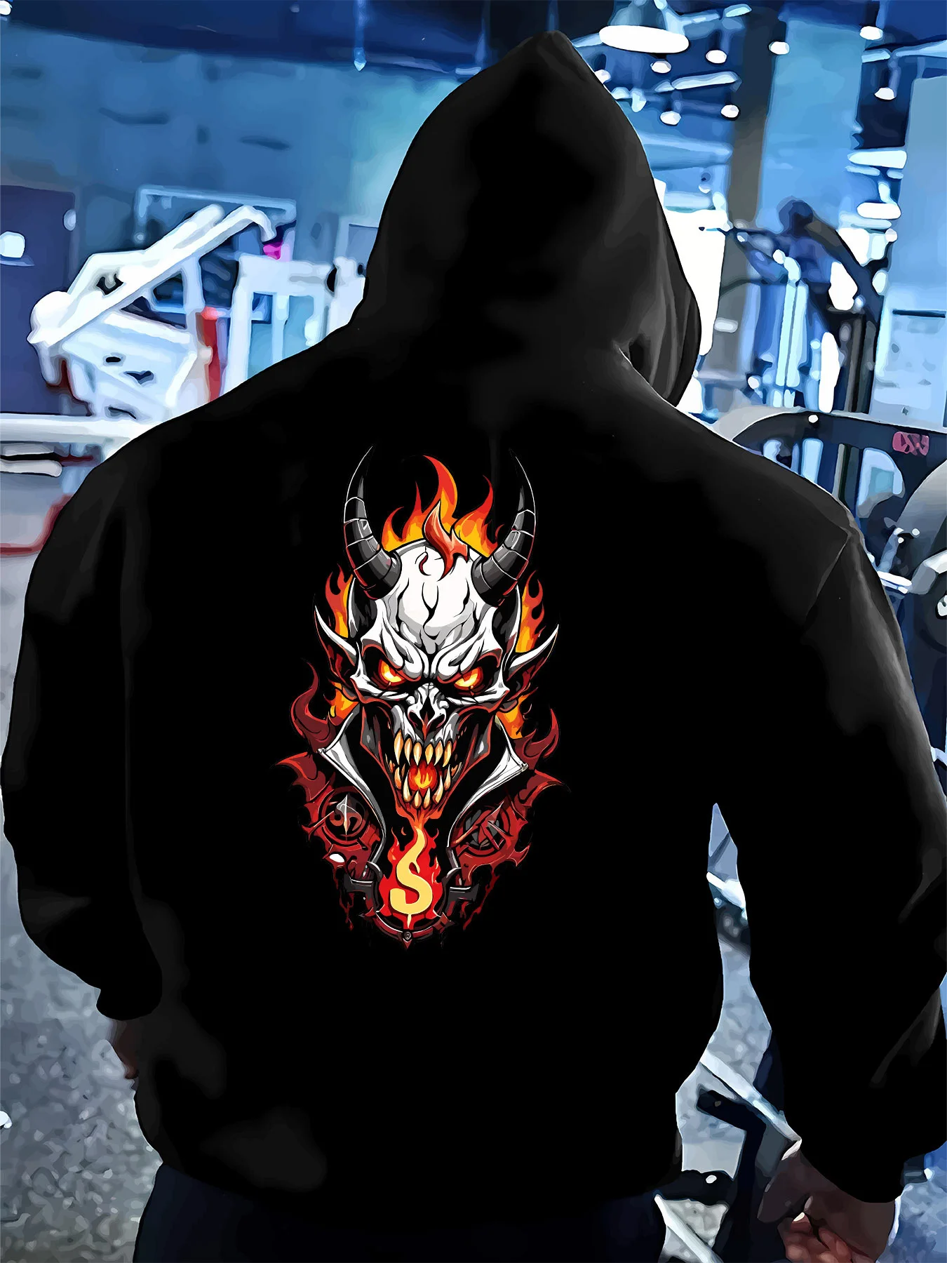 Men's Gothic Flame Demon Skull Hooded Sweatshirt Street Style Winter Warmth Pullover Casual Hooded Shirt