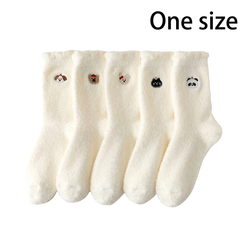 Cute Animal Cartoon Mink Fleece Socks White Middle Socks Thick Warm Home Floor Socks Girly Fashion Versatile Accessory Sock Gift