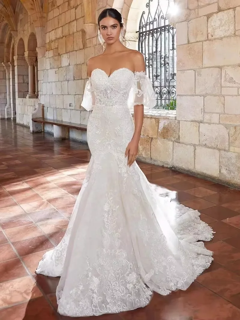 

Customize Sweetheart Mermaid Bridal Wedding Gown Grace Off Shoulder Lace Embroidery Wedding Dress Sweep Train Vestidos De Novia