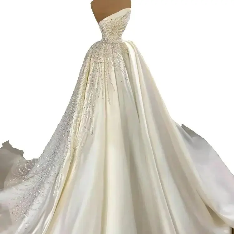 

Customized Fashon Strapless Heavy Beads Sequins Bridal Gowns Vestido De Noiva Chapel Train Satin Modest Ball Gown Wedding Dress