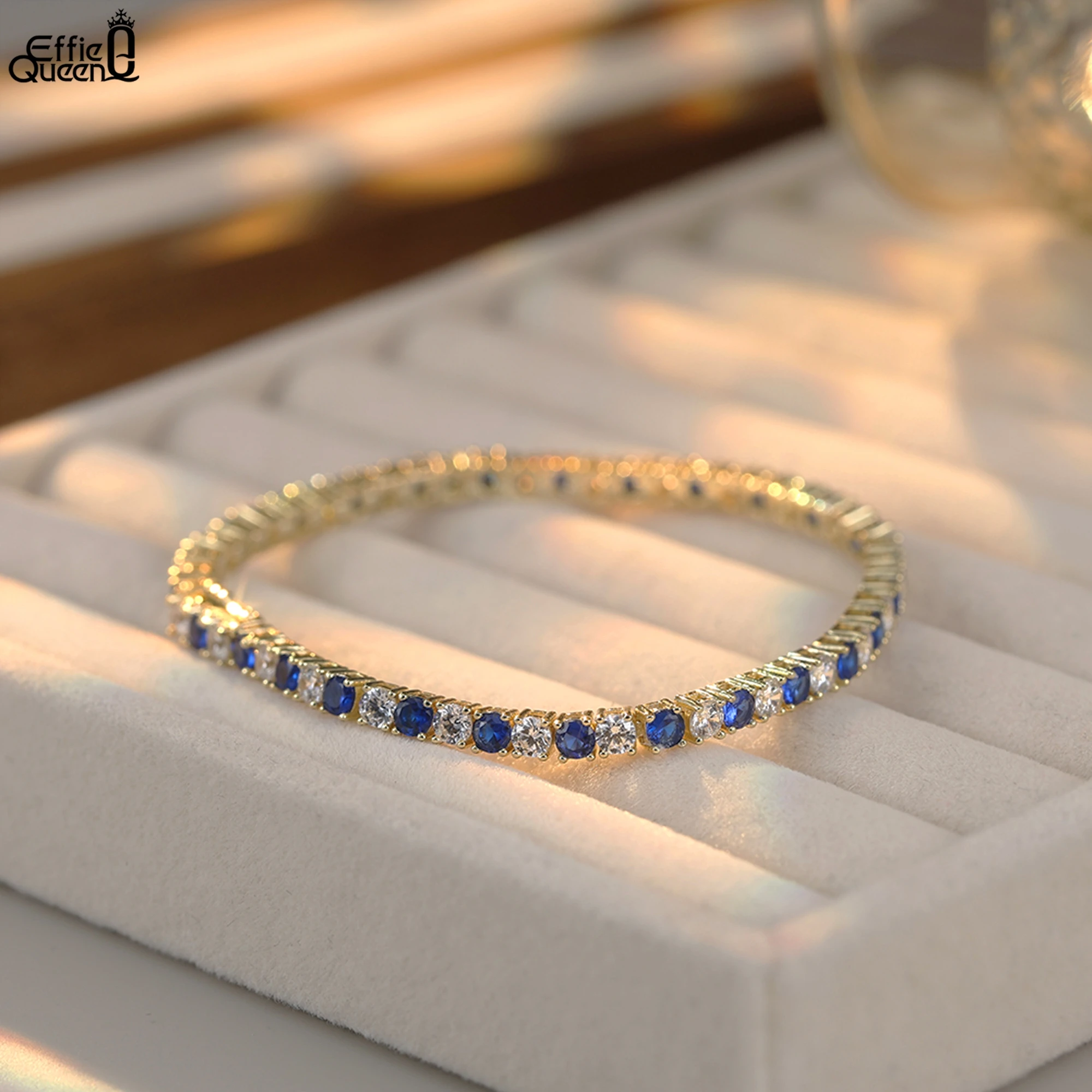 

EFFIE QUEEN 925 Sterling Silver Blue Sapphire Tennis Bracelet 3mm Shiny Zircon Party Wedding Gift Women's Bracelet Chain SB137