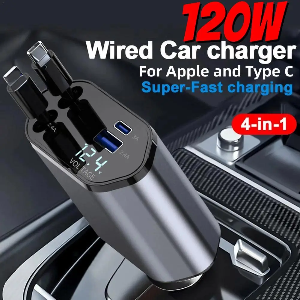 

120W 4 IN 1 Retractable Car Charger USB Type C Cable For IPhone Fast Charge Cord Cigarette Lighter Adapter