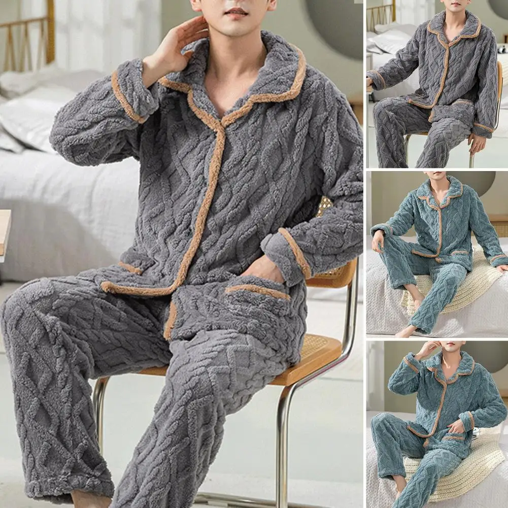 Conjunto de pijama masculino inverno pijamas aconchegantes conjunto de pijama de lã coral com manga longa topos calças de perna larga inverno para o final