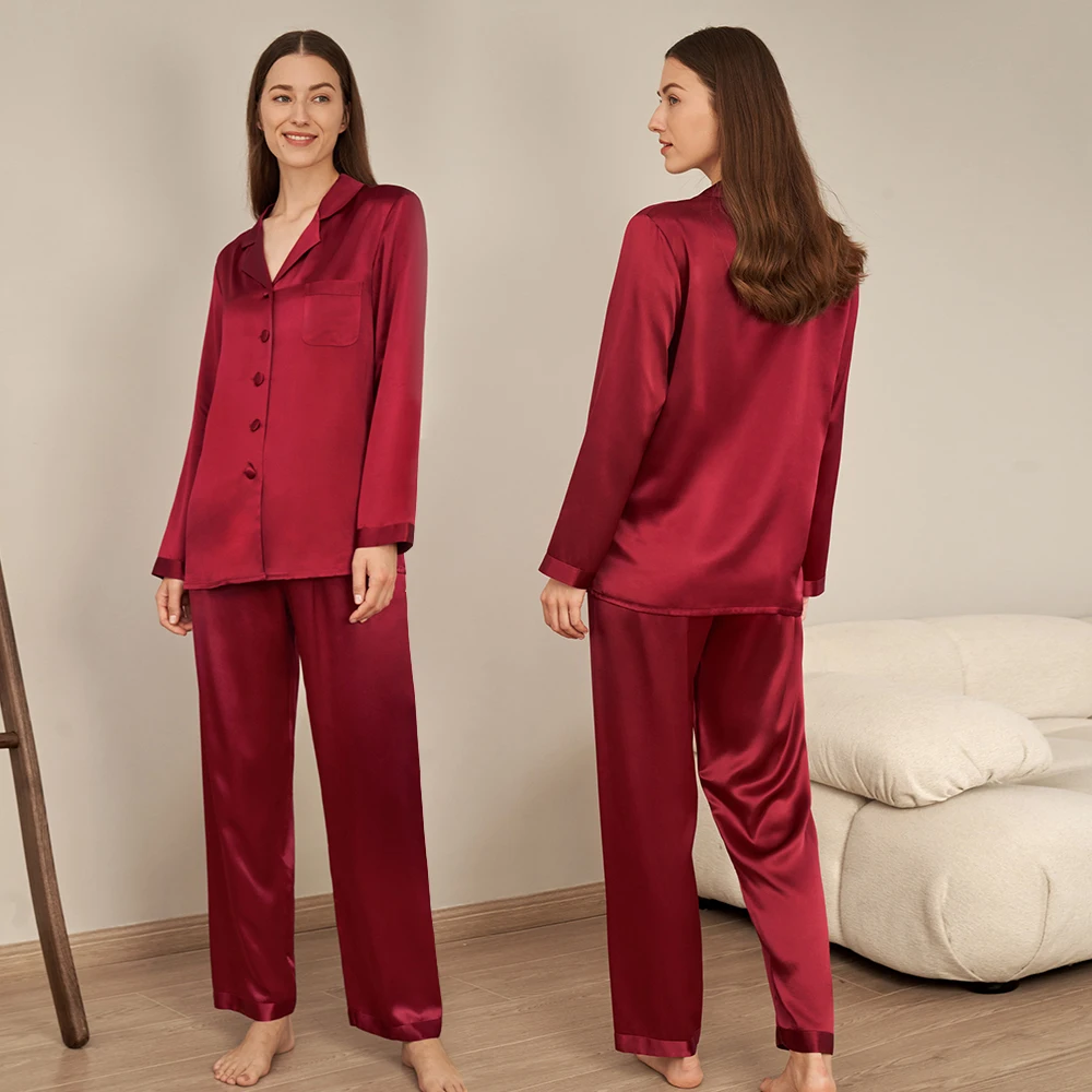 LILYSILK Autumn Women 22 Momme Silk Pajama Set Femme Plain 2 Pieces Button Front Home Pants Suits Ladies Overalls Free Shipping