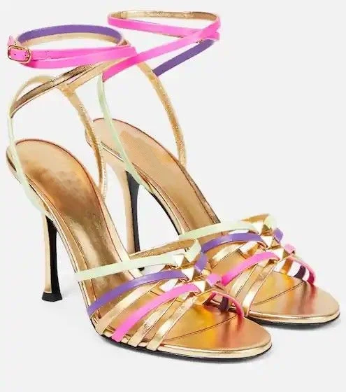 Rockstud Strappy Leather Sandals in Multicoloured Elegant Gold High Heels Women Summer New Luxury Designer Party Office Shoes