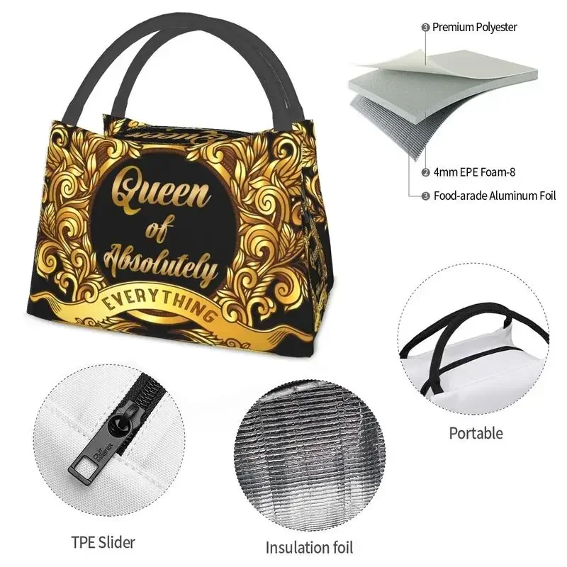 Queen Of Absolutely Gold Floral Baroque Thermal Insulated Lunch Bag Women Lunch Tote for Outdoor Camping Travel Meal Food Box