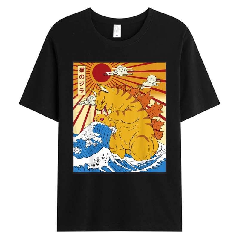 

Футболка с изображением японского аниме Catzilla Cat, кавайные забавные футболки с рисунком, мужские футболки из хлопчатобумажной ткани, футболка с принтом, одежда с круглым вырезом