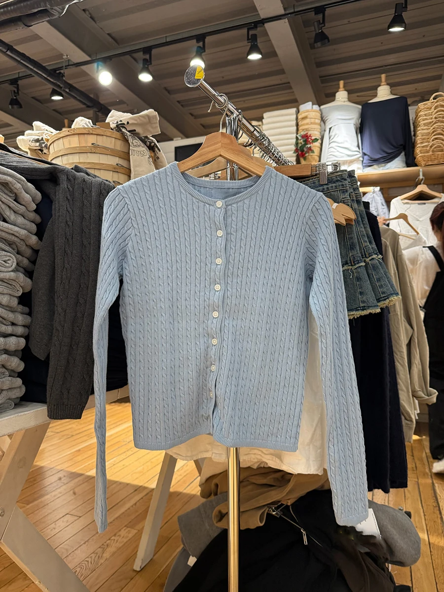 Lichtblauw Leuke Twist Bloem Trui Vest Vrouwen O-hals Single Breasted Katoenen Crop Top Zoete Effen Slanke Jas Met Lange Mouwen Nieuw