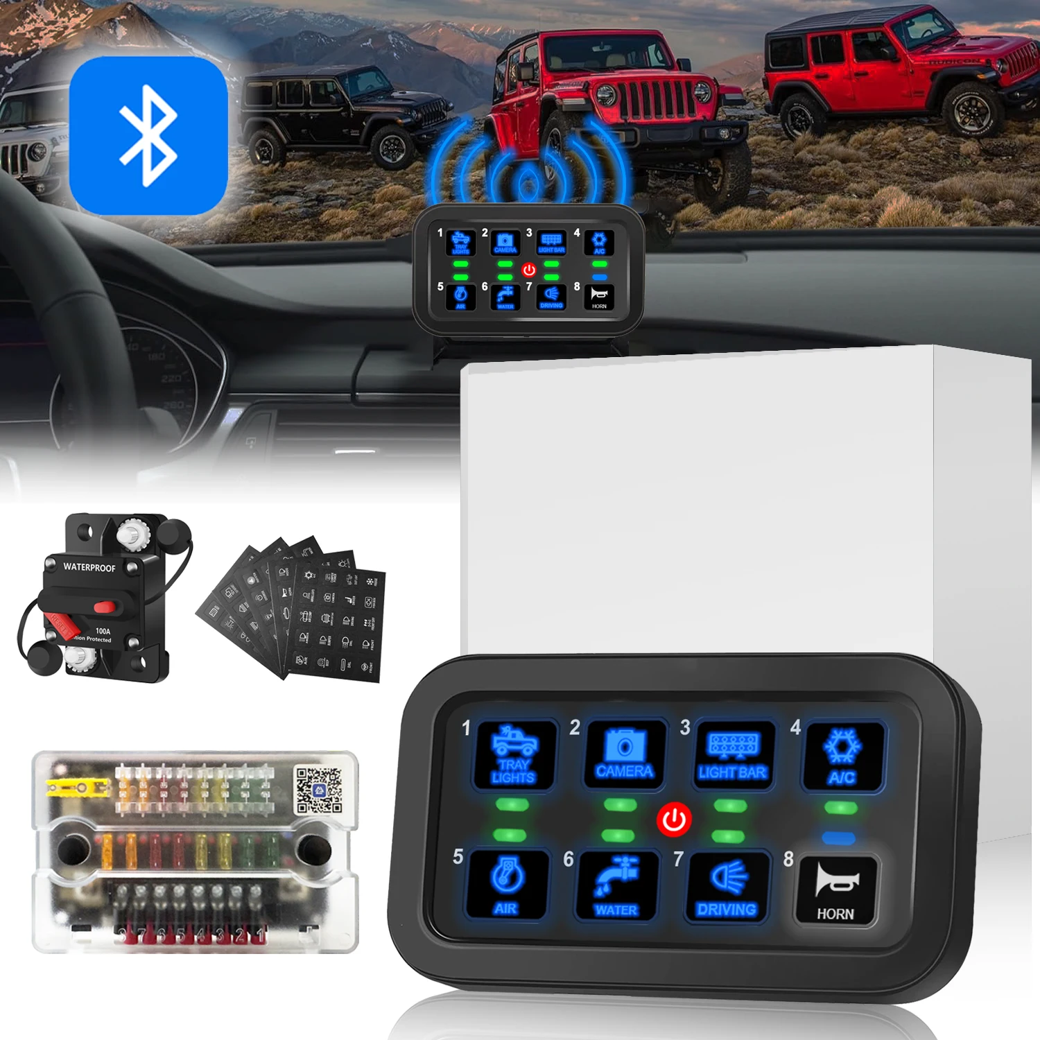 

8 Gang Bluetooth Touch Switch Panel 12V-24V 3 lighting mode Panel with 60A Circuit Breaker Fuse Block Box for Car Truck ATV UTV