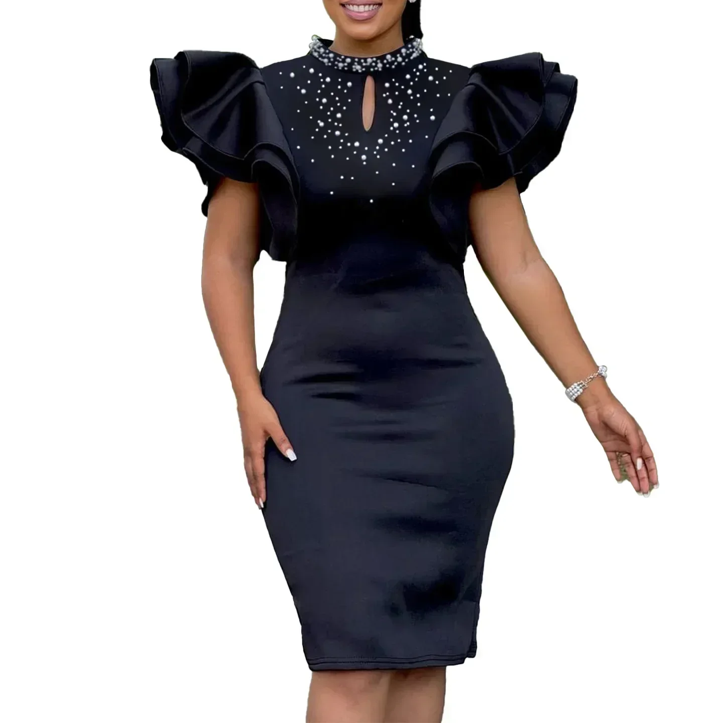 Elegant Women Party Evening Dresses Ruffle Sleeve Bodycon Midi Robe Office Ladies Overalls African Dashiki Ankara Clothing 2025