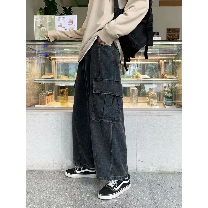 だぶだぶのジーンズメンズオーバーサイズストリートファッションワイドレッグカーゴパンツヒップホップ原宿マルチポケットデニムパンツブラックブルー
