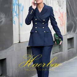 Navy Damespakken Double Breasted Jasje 2 Stuks Set Inkeping Revers Party Office Work Fashion Lady Suits Blazer Met Broek