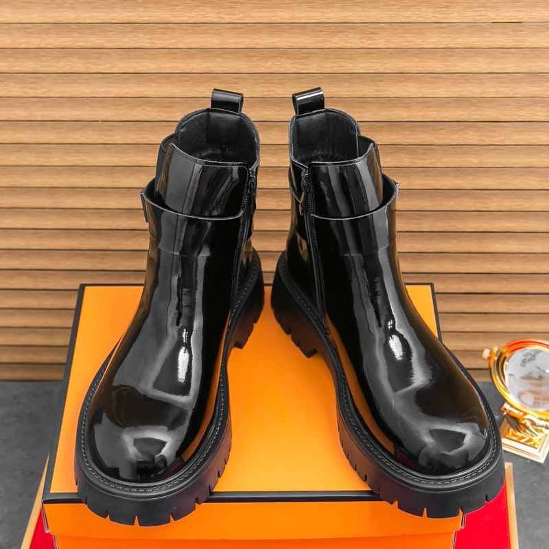 Casual Chelsea Boots Men Mid Calf Dress Shoes Business Formal Patent Leather Slip-On Ankle Boots Fashion High Top Leather Shoes