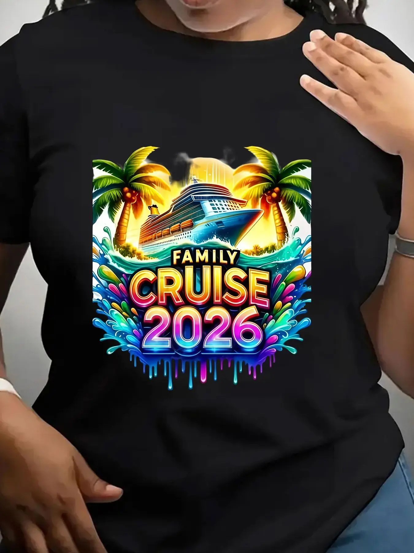 Women's Trendy Crew Neck T-Shirt Family Cruise 2026 Tropical Ship Design Suitable for Casual Sportswear