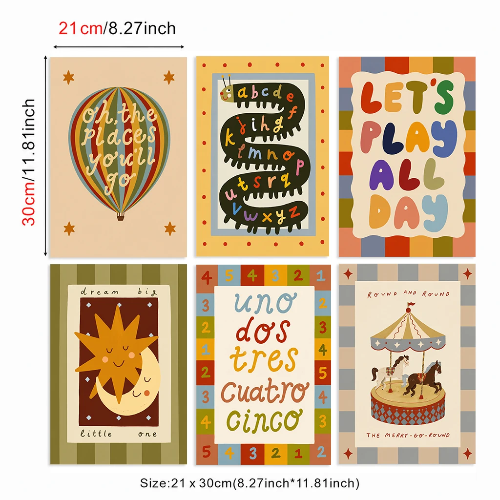Set of 6 Vintage Kids Hot Air Balloon Alphabet Caterpillar Lets Play Carousel Vintage Sun Moon Canvas Poster Wall Art Prints