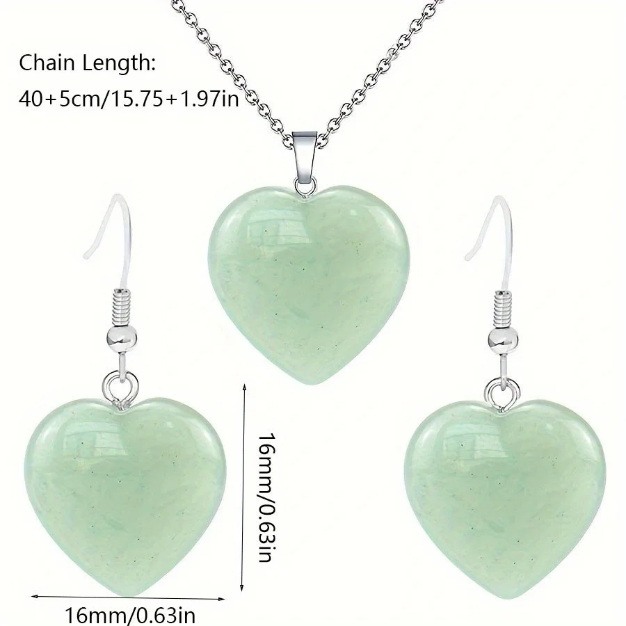 1 set Natural Stone Rose Quartzs Heart Earrings Necklace Pink Crystal Dangle Earring Eardrop Women Party Wedding Jewelry Heart