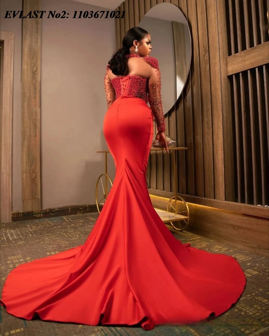 EVLAST Aangepaste 2026 Aso Ebi Rode Zeemeermin Prom Dress Afrikaanse Kristallen Kralen Hoge Split Party Avondjurk Robe De Soiree E2P94
