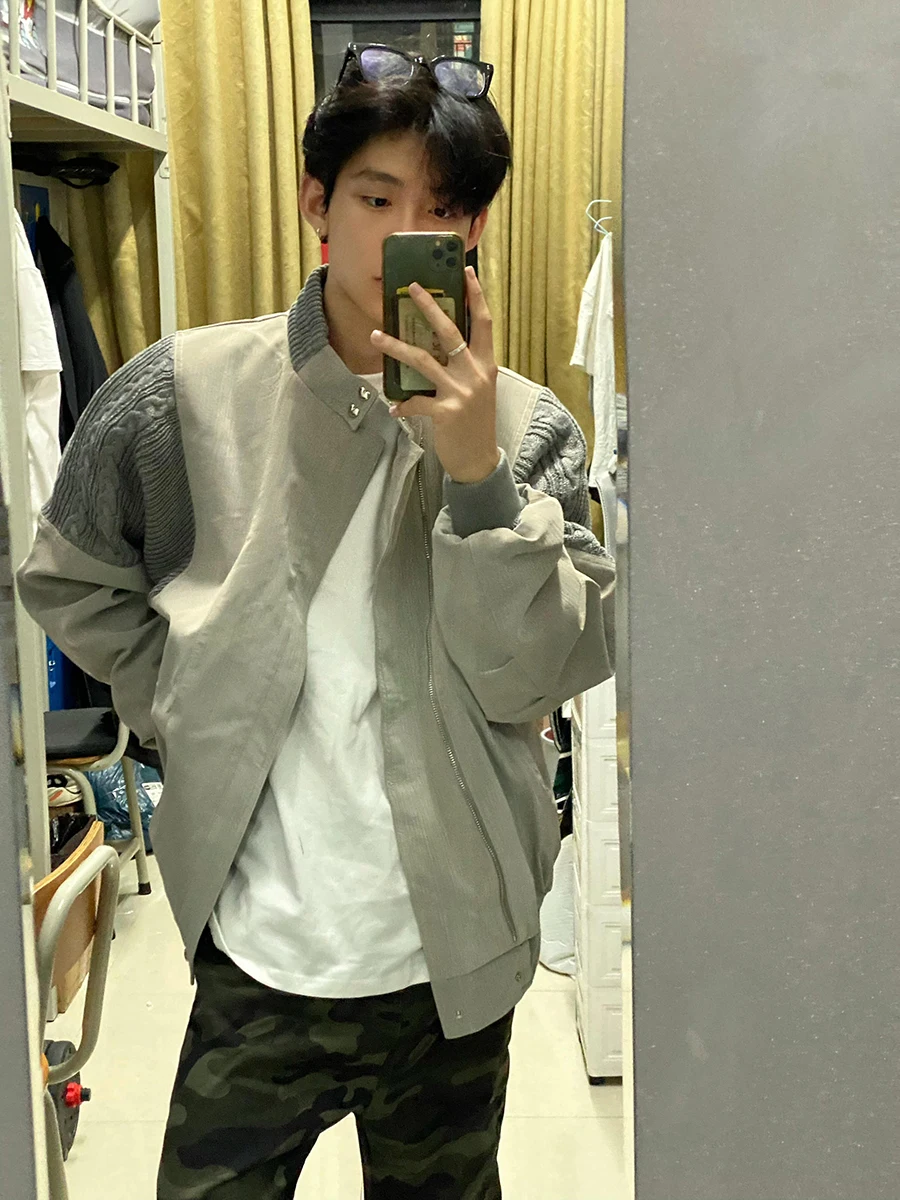 

ey ort Knitted Baseball Sle Jaet for Men Autumn Winter Vintage American Pilot Coat Loose Fit Youth Faion Zipper Clo...