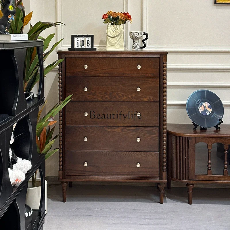 

ls 35 French Retro Solid Wood Five-Drawer Cabinet for Bedroom and Living Room Wall-Mounted Storage Drawer Cabinet