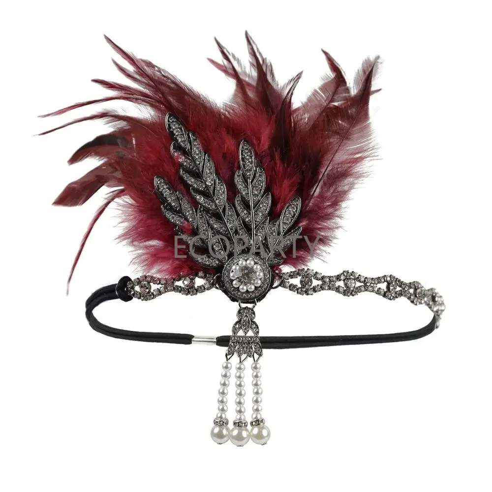 1920s Flapper Headband Feather Headpiece Roaring 20s Great Gatsby Inspired Leaf Medallion Pearl Headband Women Hair Accessories