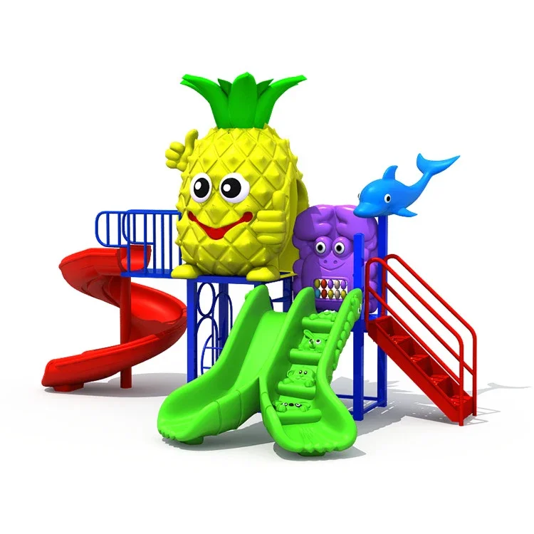 Diverse small plastic slides, outdoor playground equipment, outdoor play toys