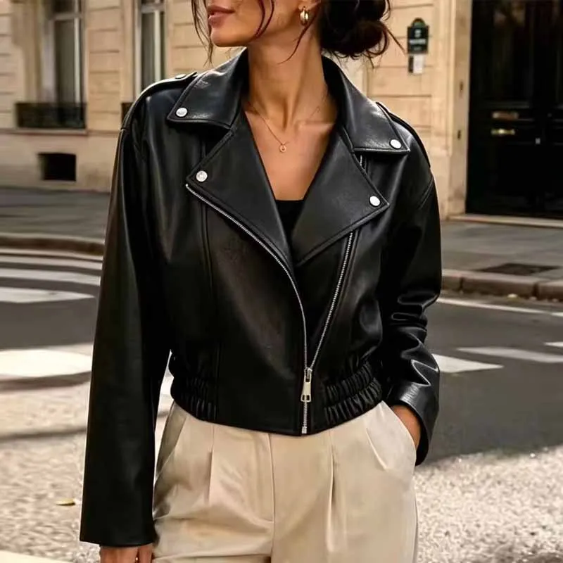 Chaquetas De Mujer Women Jackets New Long Sleeve PU Leather Women Jacket Notched Collar Jacket Coat Women Outerwears 2026 Q6591