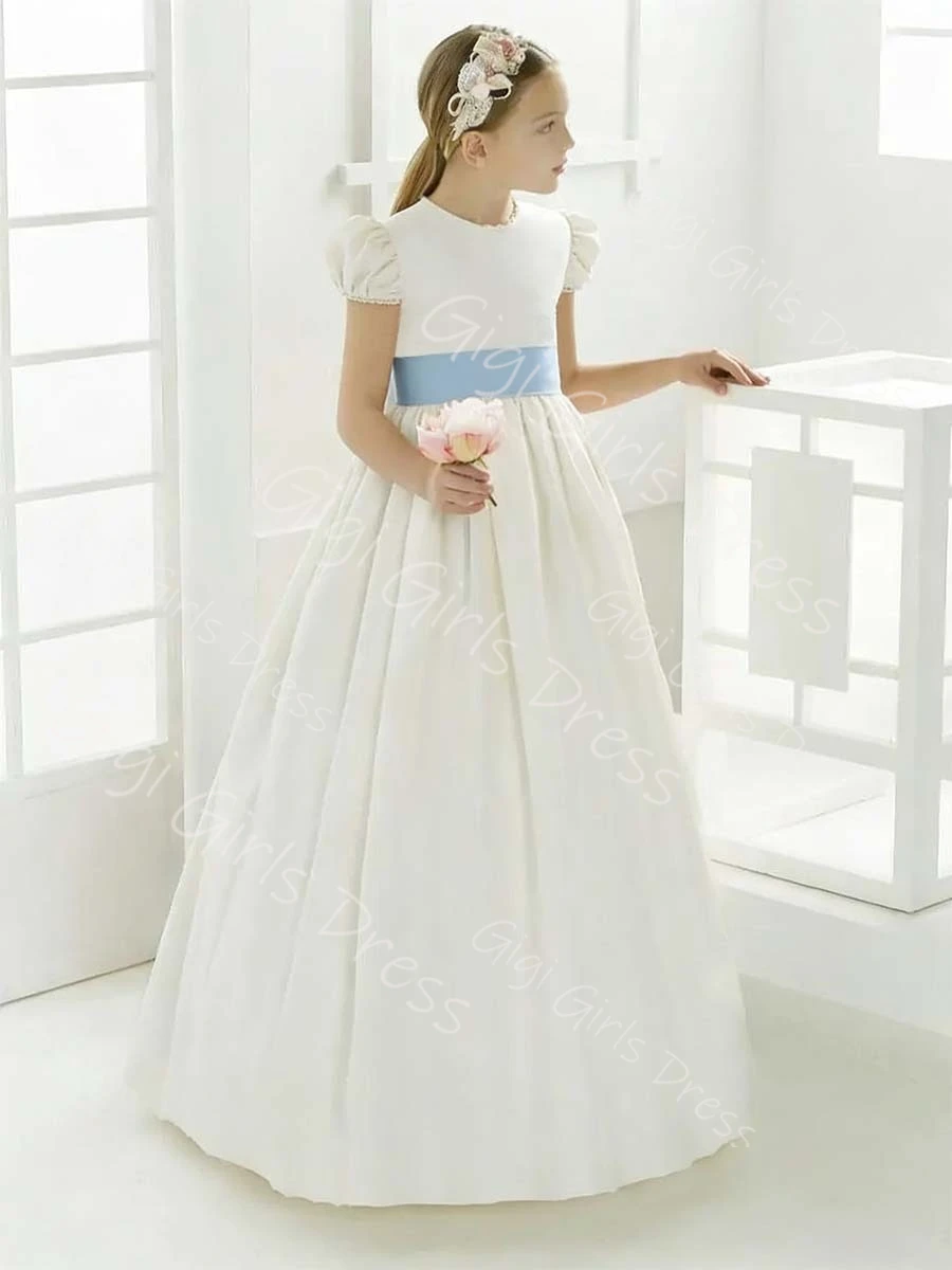 

Элегантное белое платье принцессы с цветочным узором для девочек, платье с круглым вырезом и короткими рукавами для первого причастия, с бантом и поясом, испанское вечернее платье на заказ