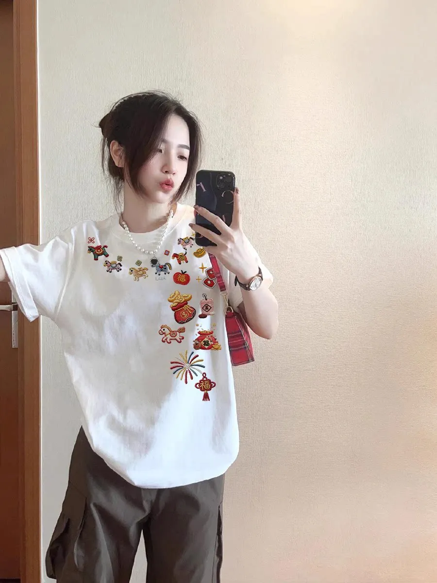 

Белая футболка из чистого хлопка с коротким рукавом, женская, свободного кроя, с принтом, летняя, повседневная, в корейском стиле, с круглым вырезом