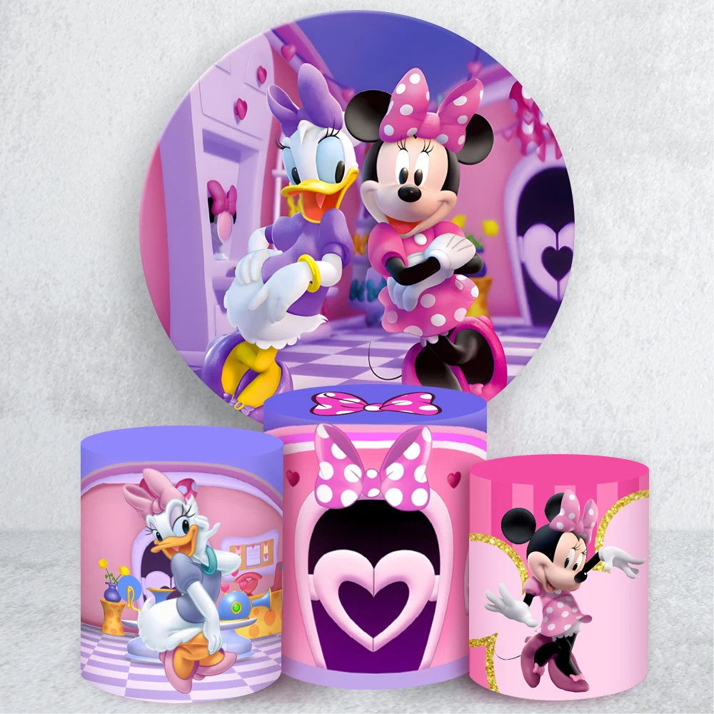 

Purple & Pink Minnie Mouse Round Backdrop Cover Girls Birthday Party Baby Shower Decor Bow Background Cylinder Cover Elastic