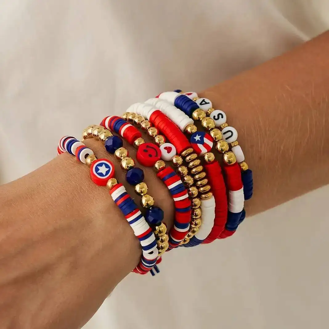 SHIXIN Hip Hop Red Blue Bead Chain Elastic Bracelet Set for Women Trendy Multi Layer Stackable Bangle Festival Jewelry Gift